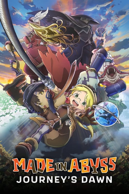 This vibrant poster captures the adventurous spirit of "Made in Abyss: Journey's Dawn" with dynamic action figures, dramatic lighting, and a sense of impending danger. The fiery colors and bold typography convey the movie's thrilling narrative.