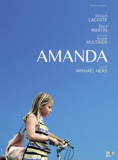 The poster features a young girl with blonde hair riding a bicycle against a vibrant blue sky. The film stars Vincent Lacroix, Stacy Martin, and Isaura Multrier. The mood is serene and nostalgic, capturing the innocence of childhood.