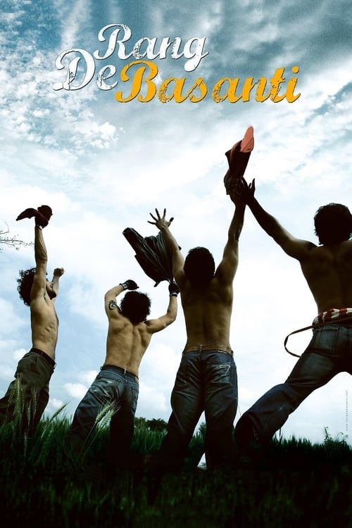 This movie poster captures a vibrant scene of four shirtless men dancing joyfully against a bright blue sky. Their dynamic poses and raised arms convey a sense of freedom and celebration. The earthy tones of their clothing contrast beautifully with the vivid sky, creating a visually striking comp...