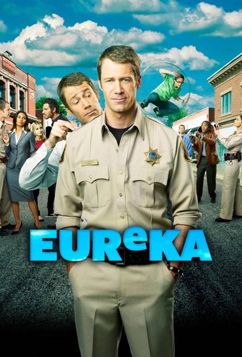 The poster features a central figure in a beige uniform with a mission badge, surrounded by diverse characters in period attire against a vibrant blue sky. The scene exudes a sense of adventure and camaraderie, with the title "EUREKA" prominently displayed in bold, glowing blue letters.