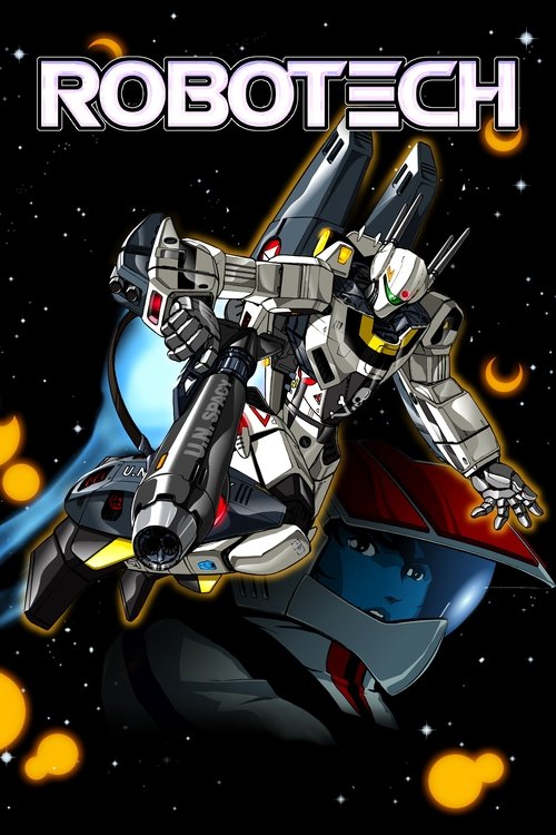 The poster features a futuristic robot with mechanical arms and glowing eyes, set against a starry space backdrop. The robot's metallic silver and blue color scheme contrasts with the warm orange glow of floating hearts, creating a dramatic and heroic mood. The bold "ROBOTECH" text at the top anc...