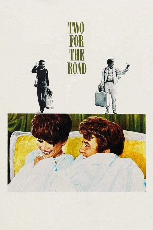 The poster features a vintage movie poster design with two figures walking down a road, one in dark clothing and the other in light attire. The background is a warm yellow, creating a nostalgic and dreamy atmosphere. The title "Two for the Road" is prominently displayed in bold, green letters at ...