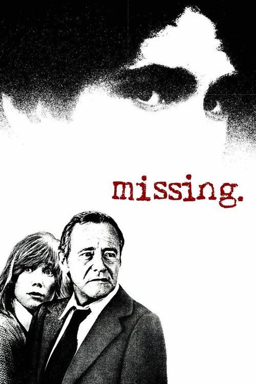 The poster features a haunting black-and-white image of a man's face with a large, eerie eye peeking over the top. Below, a man in a suit and a woman with long hair look concerned. The word "missing" is prominently displayed in red, creating a stark contrast against the monochrome background. The...