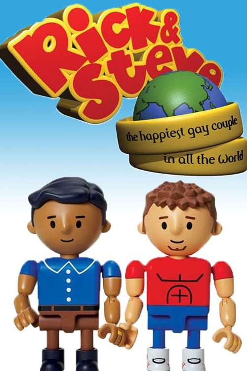 The poster features two blocky, colorful characters against a bright blue sky, exuding a cheerful and playful mood. The title "Rick & Steve" is prominently displayed in bold, red letters with a globe illustration, emphasizing their international connection.