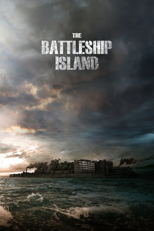 The poster features a dramatic, stormy seascape with a large battleship in the foreground. The sky is filled with dark, ominous clouds, while the water below is choppy and gray. The title "The Battleship Island" is prominently displayed in bold, white letters against the stormy backdrop.