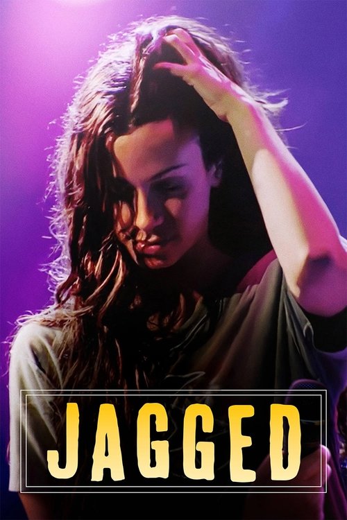 The poster features a woman with long, wavy hair against a vibrant purple background, her hand gently touching her head. The title "JAGGED" is prominently displayed in bold, golden letters at the bottom. The overall mood is mysterious and dramatic, with a sense of intrigue and tension.