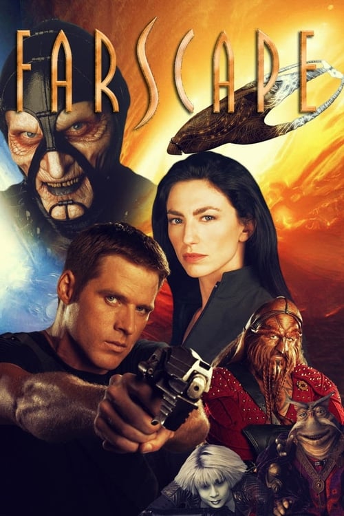 The poster features a dramatic space scene with a man holding a weapon, surrounded by other characters in a fiery, cosmic setting. The warm colors and intense expressions convey a sense of adventure and danger.