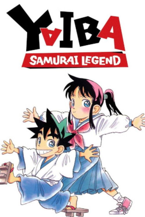 The poster features two anime characters in dynamic poses against a white background. The boy wears a white outfit with blue sash, while the girl sports a pink bow and white dress. Bold red and black lettering spells out "YAIBA" and "SAMURAI LEGEND." The vibrant colors and energetic composition c...