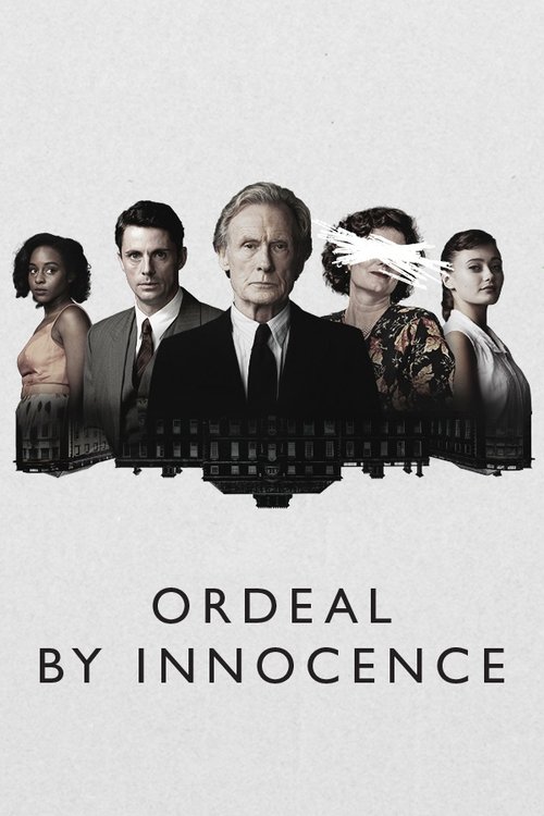 This poster features a group of six individuals in black-and-white, exuding mystery and intrigue. The muted tones and shadowy figures create an eerie atmosphere, suggesting themes of hidden secrets and moral dilemmas. The title "Ordeal by Innocence" reinforces the show's focus on the human cost o...