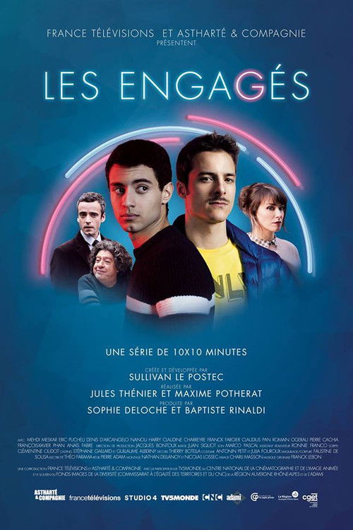 The poster features four characters in a futuristic, neon-lit environment with a deep blue background. The mood is mysterious and intriguing, hinting at a sci-fi narrative.
