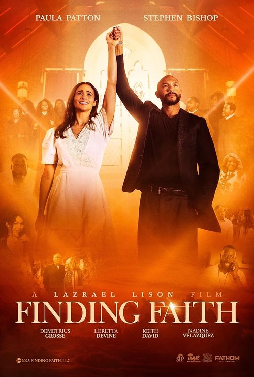 The poster features Paulina Patton and Stephen Bishop raising their hands in a moment of triumph, set against a warm, golden backdrop of a glowing moon. The film's title, "Finding Faith," is prominently displayed at the bottom, evoking themes of hope and spiritual journey.