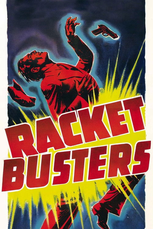This vibrant poster features a red-clad superhero battling a dark, menacing figure against a dramatic blue background. The bold red text "RACKET BUSTERS" dominates the foreground, while dynamic yellow lightning effects enhance the sense of action and danger.
