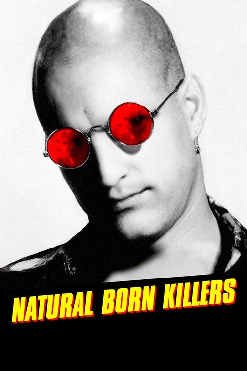 The poster features a bald man in sunglasses, exuding an edgy, mysterious vibe. The bold yellow text "Natural Born Killers" dominates the bottom, hinting at a gritty, action-packed narrative. The stark black-and-white background enhances the dramatic and intense atmosphere.