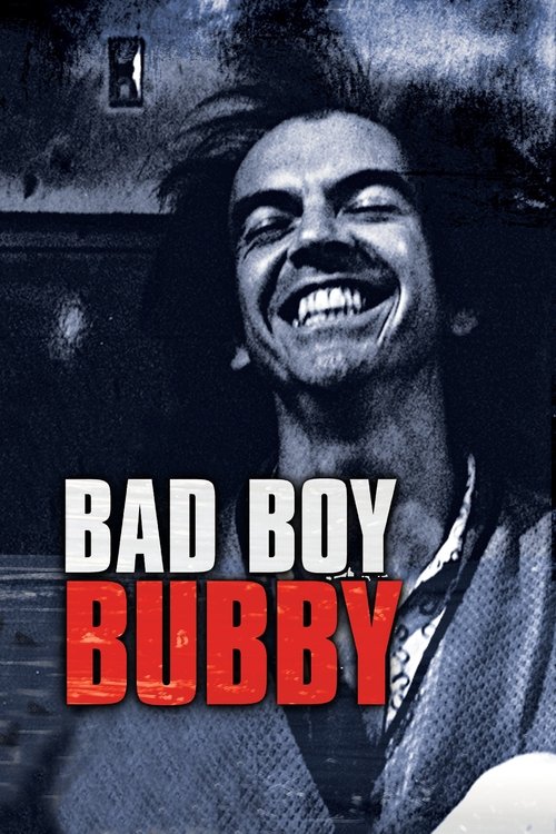 The poster features a close-up of a smiling man with dark, tousled hair, exuding a carefree and rebellious vibe. The bold red and white text "BAD BOY BUBBY" dominates the lower portion, emphasizing the film's title. The overall composition conveys a gritty, urban atmosphere with a mix of dark ton...