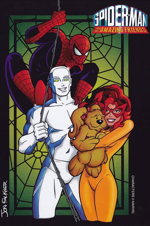 The poster features Spider-Man and his friends in a vibrant, colorful scene. Spider-Man stands confidently while his friends—Spider-Gwen, the red-headed woman, and the golden lion—add dynamic energy to the image. The stained-glass-style background with green and gold tones creates a magical atmos...