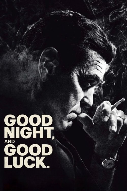 The poster features a shadowy figure with a cigarette in hand, exuding mystery and intrigue. The stark black-and-white design, combined with the bold white text, creates a suspenseful and dramatic atmosphere. The mood is tense and intriguing, inviting viewers to explore the story of "Good Night, ...