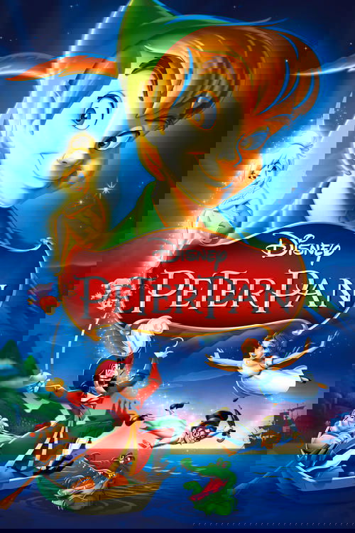 This vibrant movie poster features Peter Pan, Captain Hook, and Wendy in a magical adventure scene. The colors are rich and vivid, with deep blues, greens, and warm tones creating a dreamy atmosphere. The characters are depicted in dynamic poses, suggesting an exciting journey through the magical...