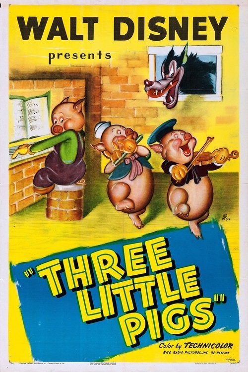 This vibrant poster features three cheerful pigs in a cozy brick house, exuding a playful and whimsical mood. The bright yellow background and bold blue title create an eye-catching, nostalgic charm, capturing the classic Disney charm of the film.