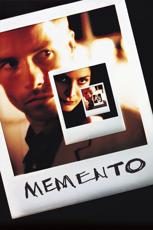 The poster features a man with a contemplative expression against a warm, golden background, while a smaller inset shows a woman holding a photo of herself. The title "Memento" is prominently displayed at the bottom in bold, black letters. The overall mood is mysterious and introspective, with ri...