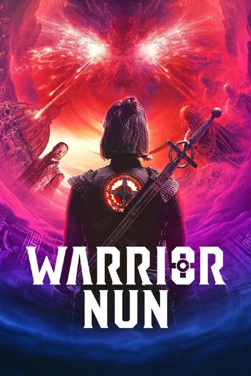 The poster features a silhouette of a warrior nun holding a sword against a vibrant, cosmic backdrop of swirling reds, purples, and blues. The title "Warrior Nun" is prominently displayed in bold white letters at the bottom. The overall mood is mystical and dramatic, suggesting themes of adventur...