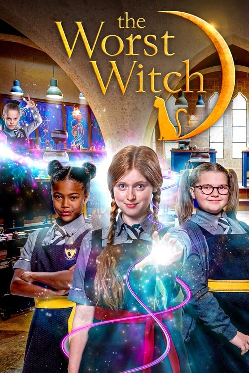 The poster features three young witches in colorful uniforms, with a magical glowing orb and swirling energy around them. The vibrant purple, pink, and blue hues create a magical atmosphere, while the warm golden crescent moon adds a mystical touch. The overall mood is enchanting and inviting, ca...