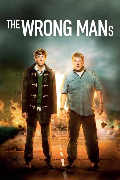 The poster features two men standing against a dramatic, fiery backdrop with smoky skies. The man on the left wears a dark jacket over a green shirt, while the man on the right dons a light blue shirt. The warm, intense lighting creates an ominous and mysterious atmosphere, hinting at the show's ...