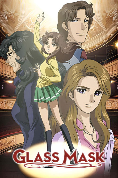 The poster features four animated characters in a dramatic, theatrical setting. A woman with dark hair stands on the left, while a man with brown hair looks on from the right. In the foreground, a young girl in a yellow top and green skirt looks up at the man. A blonde woman in the bottom right c...