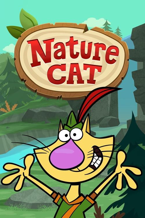 The poster features a cheerful yellow cat with a purple nose and red feathered tail, arms outstretched in excitement. The background showcases vibrant greenery, blue sky, and rocky cliffs, evoking a playful, adventurous mood. The title "Nature Cat" is prominently displayed in bold red letters on ...