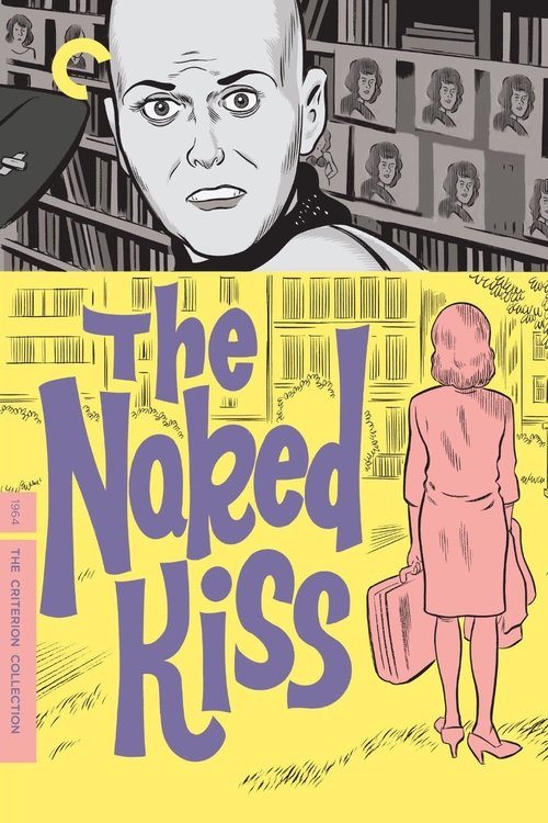This movie poster features a striking black-and-white illustration of a bald man with a serious expression, set against a backdrop of bookshelves. Below, a pink figure stands in a doorway, holding a briefcase, creating a stark contrast with the monochrome above. The poster uses bold yellow text t...