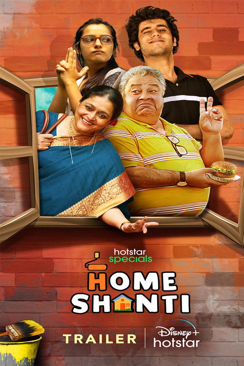 The poster features four people in a cozy, warm setting with a brick wall backdrop. The mood is cheerful and inviting, suggesting a family-friendly show. The colors are vibrant, with warm tones like orange, yellow, and red creating a welcoming atmosphere. The title "Home Shanti" is prominently di...