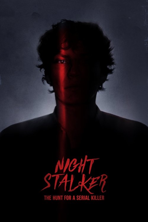 The poster features a shadowy figure with a mysterious, unsettling expression against a dark background. The red glow accentuates the face, creating a chilling atmosphere. The title "Night Stalker" is prominently displayed in bold red letters, emphasizing the horror theme.