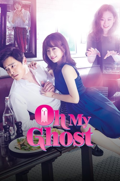 The poster features a romantic scene with a man and woman in a dimly lit cafe, evoking a mysterious and dreamy atmosphere. The woman in a blue dress leans affectionately against the man, while a third woman in the background adds to the enigmatic mood. The title "Oh My Ghost" is prominently displ...