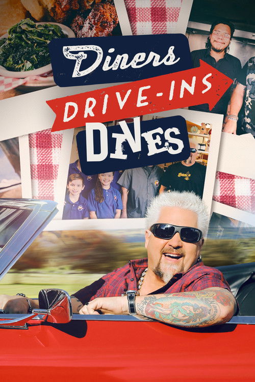 This vibrant TV show poster features a cheerful scene with an older man in sunglasses and tattoos, exuding a relaxed, nostalgic vibe. The red and white checkered background adds a classic diner feel, while the playful typography and colorful food images evoke a fun, family-oriented atmosphere.