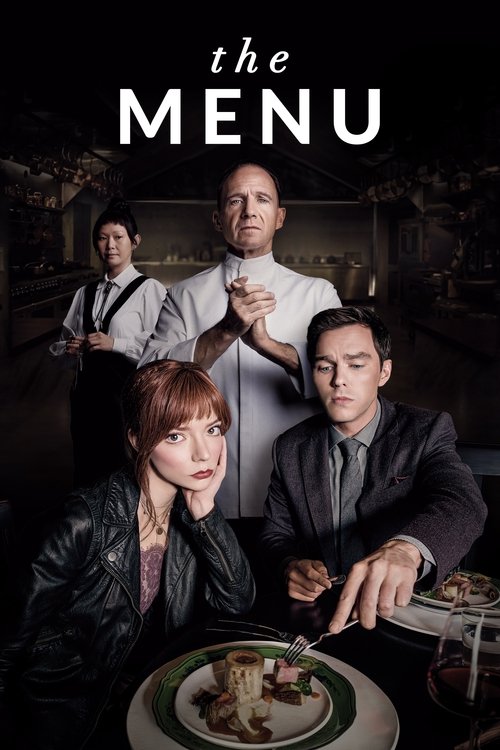 The poster features four characters in formal attire against a dimly lit, moody background. A woman in a leather jacket sits at a table with food, while others look on with expressions of intrigue. The warm tones of the food contrast with the cool, dark atmosphere, creating an intriguing and myst...
