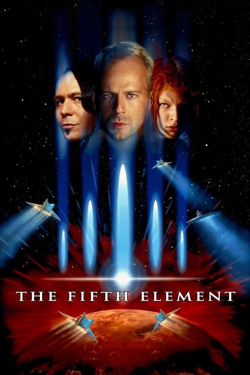 The poster features three characters against a starry backdrop, with glowing blue light beams framing them. The title "The Fifth Element" is prominently displayed at the bottom in bold white letters. The overall mood is mysterious and adventurous, suggesting a thrilling space adventure.