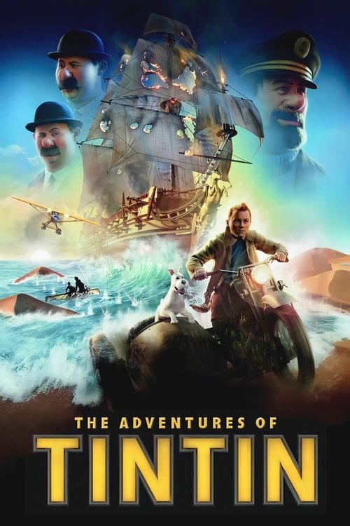 The poster features a dramatic scene with Tintin riding a horse against a backdrop of a bustling, colorful cityscape. Above him, iconic figures of Tintin's friends are depicted in various settings—some in period costumes, others in modern attire. The vibrant blues and greens of the ocean and sky ...
