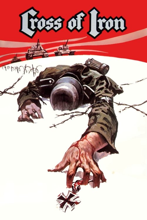 The poster features a grotesque, zombie-like figure with a bloody hand reaching toward a small, dark figure in the background. The title "Cross of Iron" is prominently displayed in bold, gothic-style lettering against a red backdrop. The overall mood is eerie and unsettling, emphasizing themes of...