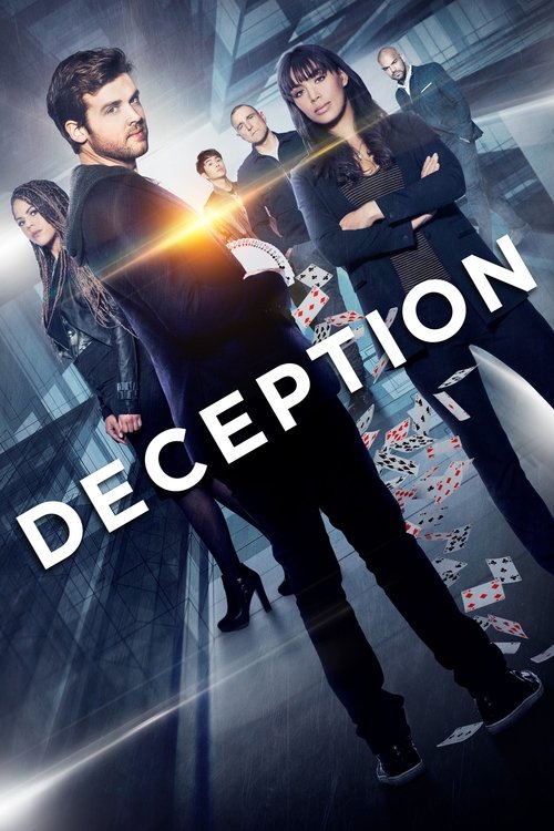 The poster features a dramatic scene with a man in a black suit and woman in a black outfit, both exuding confidence. The title "DECEPTION" is prominently displayed in bold white letters, with a glowing light effect behind them. The background suggests an urban setting with cool tones, creating a...