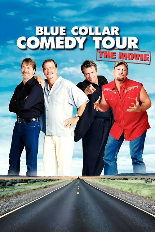 The movie poster features four men in casual attire against a bright blue sky, evoking a lively and energetic atmosphere. The vibrant colors of their shirts and jeans add to the comedic and upbeat mood, while the road stretching into the distance suggests a journey or adventure.