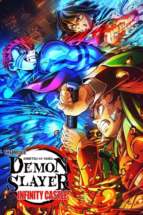 The poster depicts a dramatic battle scene with three characters in dynamic poses. The central figure holds a glowing sword, surrounded by fiery energy. A blue-skinned character with a determined expression looms in the background, while another character with red hair appears to be attacking. Th...
