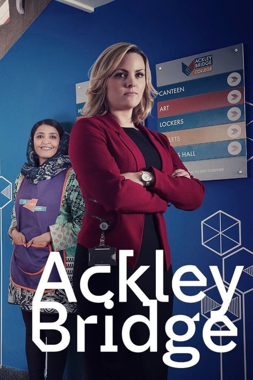 A vibrant blue backdrop features two women in professional attire, one with arms crossed and the other smiling warmly. The poster's bold typography and colorful elements convey a dynamic, engaging atmosphere typical of modern sitcoms.