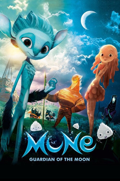 The poster features a whimsical scene with a blue, anthropomorphic creature and an orange octopus-like figure against a dreamy night sky. The moon is prominently displayed, casting a soft glow over the characters. The overall mood is magical and enchanting, with vibrant colors and a sense of wonder.