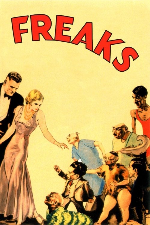 This vintage movie poster for "Freaks" features a group of diverse characters in a dramatic, comedic scene. The poster uses bold red lettering against a warm, yellow background to create a striking visual. The mood is playful and humorous, capturing the essence of classic 1930s cinema.