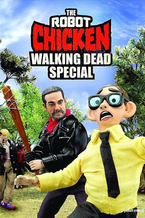 The poster features a cartoon robot chicken character in a yellow shirt and black tie, with a man in a leather jacket holding a rifle. The background shows a green landscape with trees and a blue sky. The mood is humorous and adventurous, with the robot chicken's exaggerated expression and the ma...