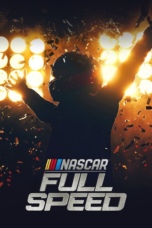 The poster features a silhouette of a person celebrating with arms raised against a backdrop of vibrant, glowing stadium lights. Confetti and confetti pieces float around, adding to the sense of excitement and triumph. The bold "NASCAR" logo and "FULL SPEED" text emphasize the high-energy atmosph...