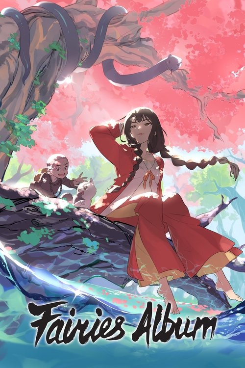 The poster features a graceful woman in red flowing robes dancing in a serene, dreamy landscape with soft pastel colors. A mysterious figure sits in the background, while a tree with purple leaves adds a mystical touch. The overall mood is enchanting and ethereal, capturing the essence of fairies...