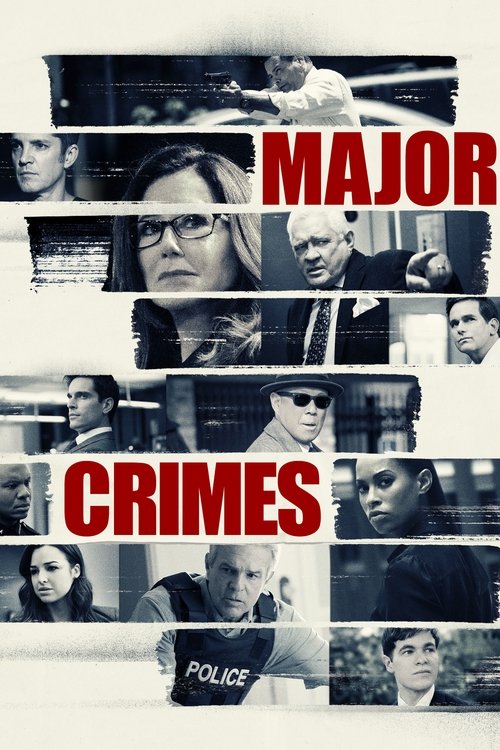 The poster features a collage of black-and-white portraits of characters, with bold red text reading "MAJOR" and "CRIMES" across the image. The gritty, suspenseful mood is conveyed through the fragmented, overlapping images and the somber color palette.