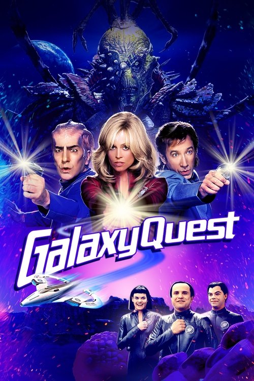 The poster features four characters in futuristic spacesuits against a starry, cosmic background. Bright lights emanate from their hands, symbolizing power and adventure. The title "Galaxy Quest" glows in vibrant colors, suggesting a thrilling space exploration story. The overall mood is adventur...