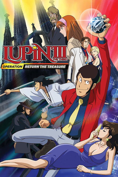 This vibrant poster showcases Lupin III in a dynamic pose, surrounded by other characters in an action-packed scene. The background features dramatic lighting and bold colors, creating a sense of excitement and adventure. The poster effectively captures the essence of the film, emphasizing the th...