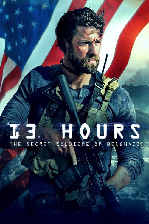 The poster features a rugged soldier in tactical gear against a backdrop of the American flag, evoking a sense of tension and patriotism. The bold title "13 Hours" dominates the frame, hinting at the film's intense narrative. The overall mood is gritty and dramatic, capturing the essence of a hig...